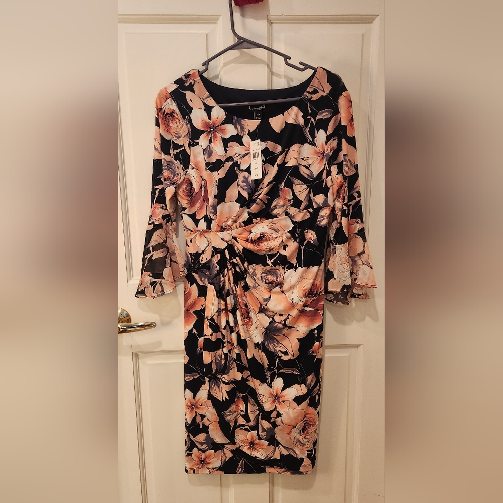 Floral Black and Pink Dress With Flare Sleeves